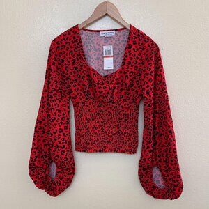Charlie Holiday Penelope Smocked Leopard-Print Womens Top XS / 2 Red